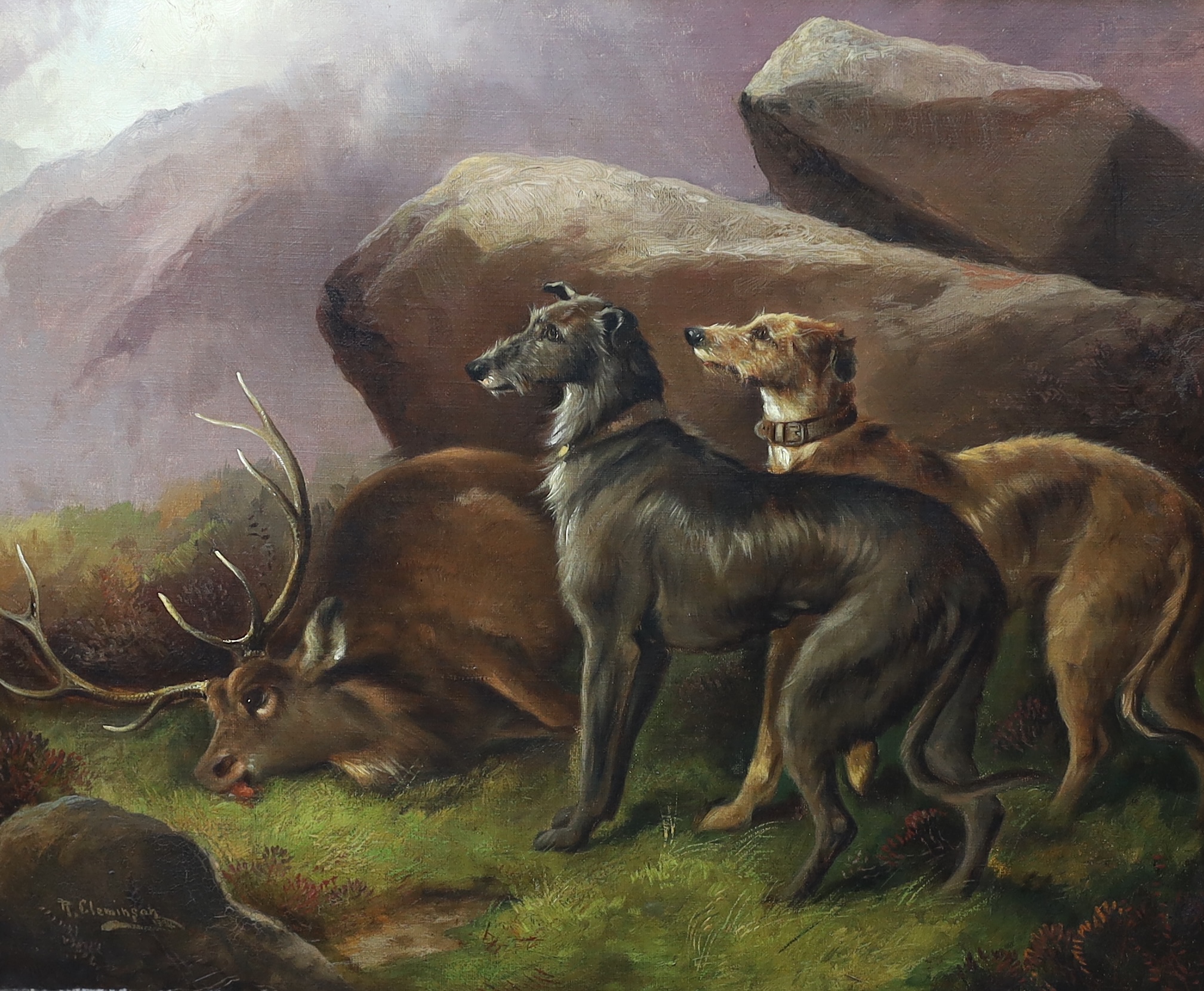Robert Cleminson (British, 1864-1903), Deerhounds beside a stag, oil on canvas, 49 x 59cm